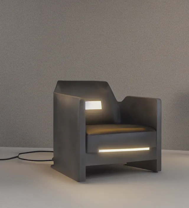 Image similar to a brutalism leather armchair with led light strips, dark concrete room, intricate details, octane render