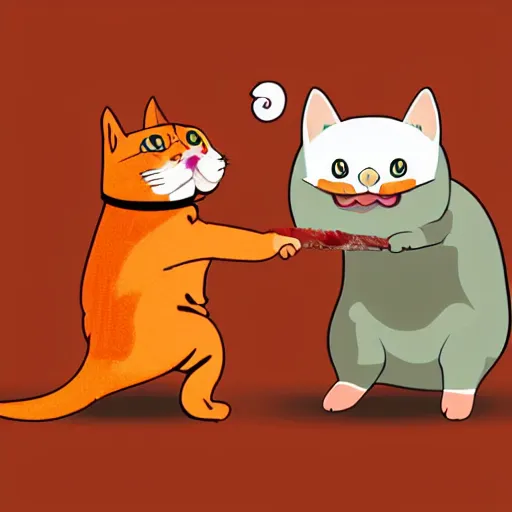 Image similar to orange tabby cat fighting an anthropomorphic bacon strip, realistic