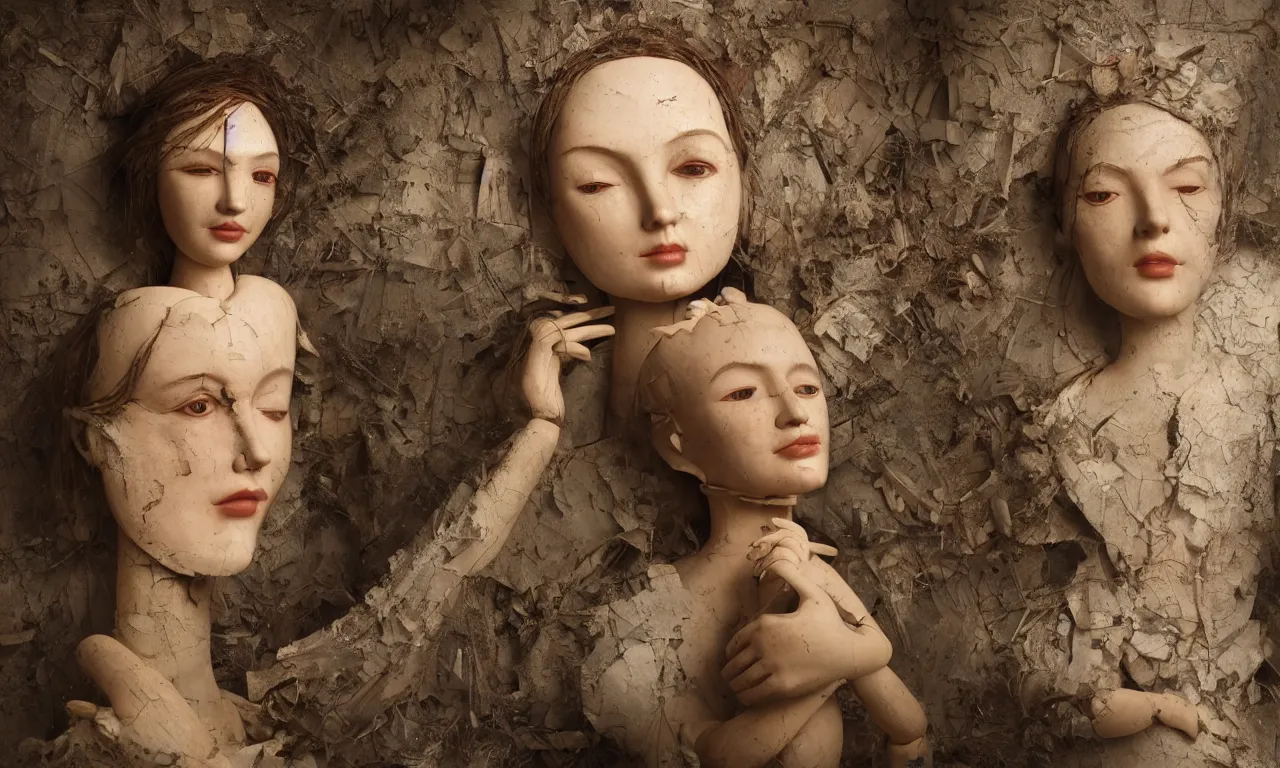 Image similar to a cinematic head and shoulders portrait of a beautiful female jointed wooden art doll, holding each other, abandoned inside an abandoned house, broken toys are scattered around, by James C. Christensen, by Tomasz Alen Kopera, by Raphael, by Caravaggio, 8K, rendered in Octane, cinematic, 3D, volumetric lighting, highly detailed, photorealistic, hyperrealism