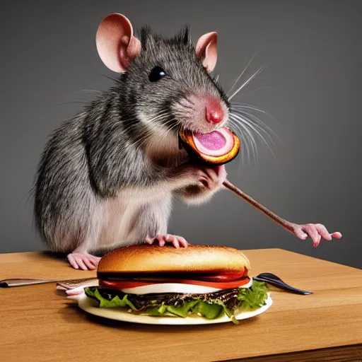 Image similar to an anthropomorphic rat!!!!! sitting at a desk, eating a burger, photorealism, 4 k, 8 k, shot by jimmy nelson, intricate