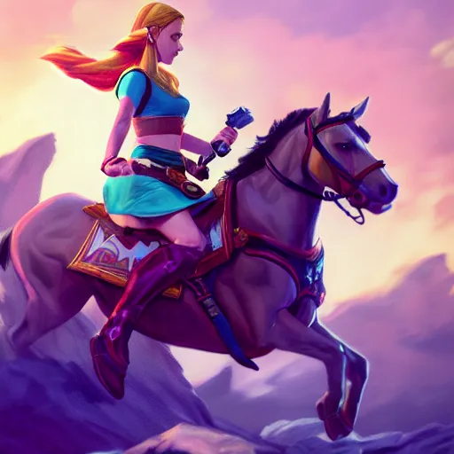 Prompt: A hyper real comic book style portait painting of Zelda the princess, riding a horse on the moon, Triforce flag on the ground, unreal 5, hyperrealistic, octane render, cosplay, RPG portrait, dynamic lighting