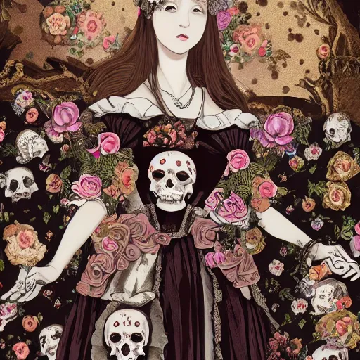 Image similar to 8k, realism, renaissance, baroque, group of creepy young ladies wearing renaissance long harajuku manga dress with flowers and skulls, background chaotic flowers