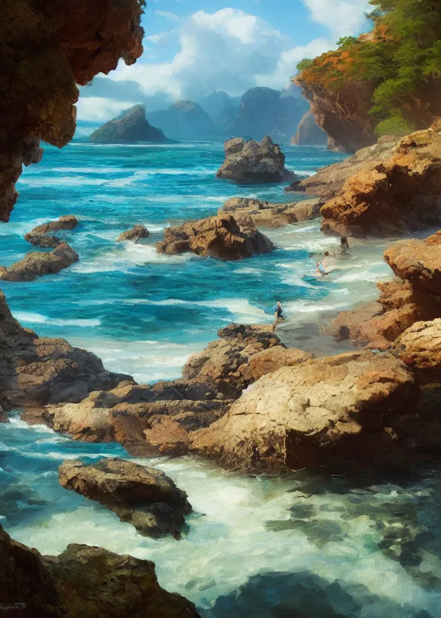 Prompt: tide pool in a secluded cove, extremely detailed oil painting, unreal 5 render, rhads, sargent and leyendecker, savrasov levitan polenov, bruce pennington, studio ghibli, tim hildebrandt, digital art, landscape painting, octane render, beautiful composition, trending on artstation, award winning photograph, masterpiece