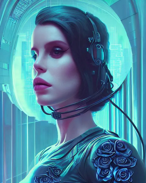 Image similar to portrait of lana del rey as a cyberpunk cyborg. roses, sci - fi, intricate abstract, upper body, intricate artwork, by tooth wu, wlop, beeple, dan mumford. concept art, 8 k octane render, deviantart, greg rutkowski, cinematic, key art, hyperrealism, iridescent accents