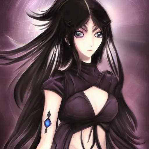 Image similar to beautiful female wizard, blue eyes, black clothing, daughter of death, anime style, concept art