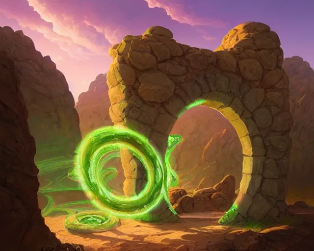 Prompt: desert landscape with a huge stone portal monument glowing green with swirls, deep focus, d & d, fantasy, intricate, elegant, highly detailed, digital painting, artstation, concept art, matte, sharp focus, illustration, hearthstone, art by artgerm and greg rutkowski and alphonse mucha