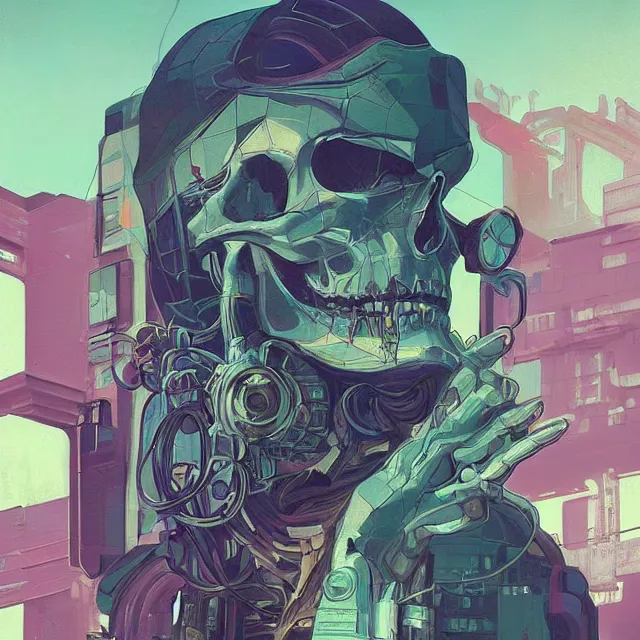 Prompt: a beautiful portrait painting of a ( ( cyberpunk ) ) skull by simon stalenhag and pascal blanche! and alphonse mucha! and nekro!. in style of digital art. colorful comic, film noirs!, symmetry, hyper detailed. octane render. trending on artstation