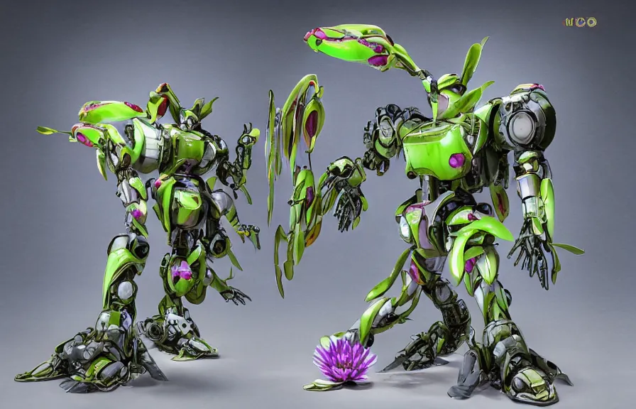 Prompt: amphibious waterlily mobile suit combat mecha textured like water lettuce whose head and top half is shaped like nymphaea flower, cinematic lighting, petals being robotic limbs, waterlily pads, biomechanical, hyperdetailed, bandai box art, 8 k hd resolution, behance hd artstation. # power armor # pistia # waterlily # nymphaea