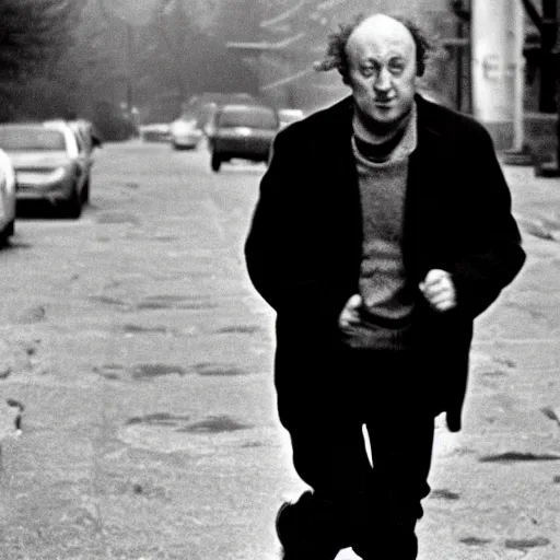 Prompt: poet Joseph Brodsky running away from students in the street