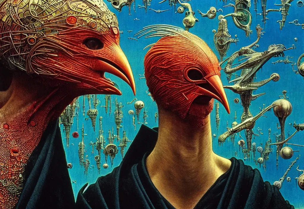 Prompt: realistic detailed portrait movie shot of a birdman wearing black robes, sci fi city landscape background by denis villeneuve, amano, yves tanguy, alphonse mucha, ernst haeckel, max ernst, roger dean, masterpiece, rich moody colours, snarling dog teeth, blue eyes