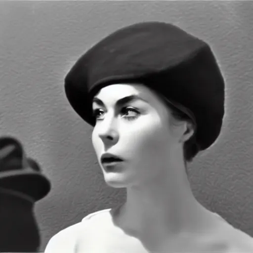 Image similar to still from a masterpiece 1 9 6 0 s french art film, very beautiful and elegant girl in beret with large eyebrows with an angry expression, moody lighting, viewed from afar, cinematic shot, the camera is focused on her conversation with a man, the movie is in color