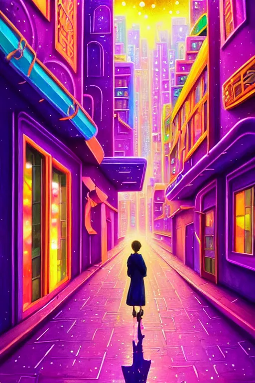 Prompt: Heartbroken wanderer on the endlessly long and cosmic city streets. A concept of Melancholic Euphoric heartshine in the crush of oblivion. The vibrancy of nouveau is gilded with hollow-wishes. Trending on ArtStation. Vivid Pastel Gouache Painting.