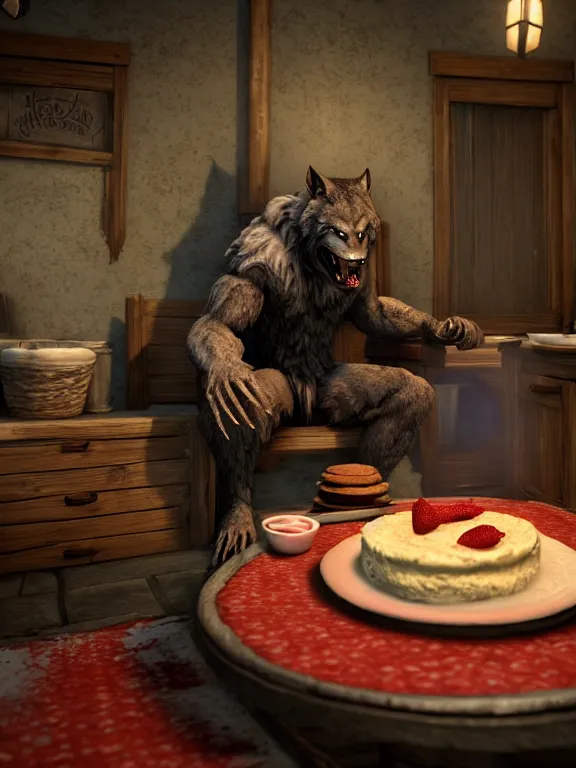 Image similar to cute handsome cuddly burly surly relaxed calm timid werewolf from van helsing sitting down at the breakfast table in the kitchen of a normal suburban home wearing a chefs apron having fun baking strawberry tart cakes unreal engine hyperreallistic render 8k character concept art masterpiece screenshot from the video game the Elder Scrolls V: Skyrim