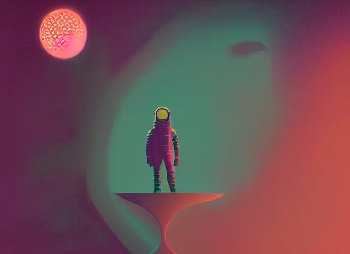 Image similar to ( ( dithered ) ), portrait of a young astronaut girl, colorful, modern art deco, mads berg, karolis strautniekas, christopher balaskas, stippled light, fog, moody, fine texture, editorial illustration, dramatic lighting, dynamic composition, detailed, matte print, dynamic perspective, muted color