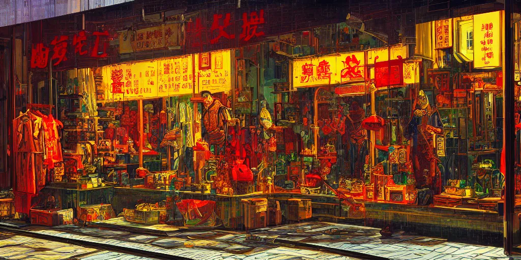 Prompt: s shop window in hong kong, by dan mumford and peter doig and edward hopper, highly detailed, dramatic lighting, 8 k