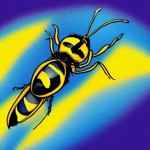 Image similar to man that resembles a wasp morh in surreal sketch style, blue and yellow gradient, noise, ultrafine detail, hd 8k, logo illustration