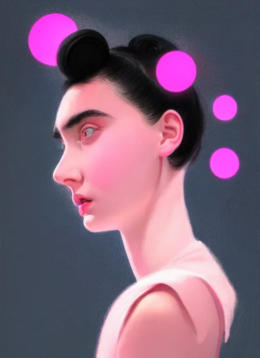 Image similar to portrait of teenage girl, narrow face, black hair, bangs, half updo hairstyle, pointy nose, skinny, unattractive, defined jawline, big chin, pink hair bow, hoop earrings, intricate, elegant, glowing lights, highly detailed, digital painting, artstation, sharp focus, illustration, art by wlop, mars ravelo and greg rutkowski