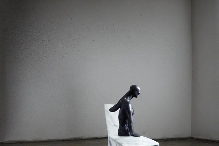 Prompt: a sculpture of a person sitting on a chair, a white marble sculpture covered with floating wax by nicola samori, behance, neo - expressionism, marble sculpture, apocalypse art, made of mist