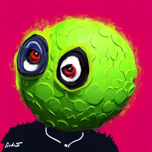 Image similar to a tennis ball monster with a tennis racquet, bust shot, balaclava, face covered, smooth, intricate, elegant, power aura, digital painting, artstation, concept art, sharp focus, illustration, art by basil gogos - h 6 4 0