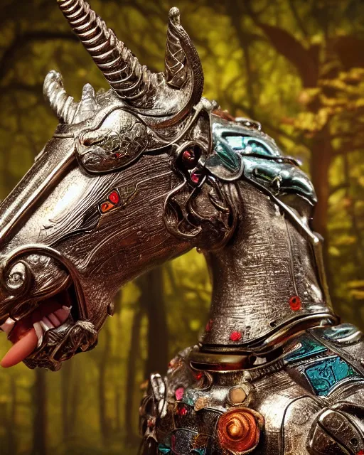 Image similar to highly detailed closeup of a tin toy unicorn in a fairytale forest, depth of field, fashion photoshoot by hyung tae, frank frazetta, bosch, giger, breathtaking, detailed and intricate environment, 8 k resolution, hyperrealistic, octane render