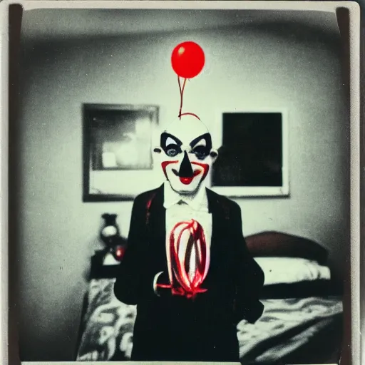 Prompt: Vintage polaroid photo of a Clown-Vampire with neon wires in his head watches old retro TV in a shabby motel room