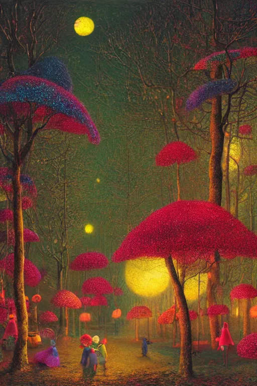 Image similar to a matte digital painting of a candy forest at night, bokeh, bright colours, watercolor, volumetric wool felting, macro photography, children illustration, by john atkinson grimshaw and lisa frank