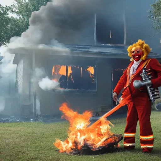 Prompt: photo of a clown using a flamethrower. In the background there is a house fire. award-winning, highly-detailed, 8K