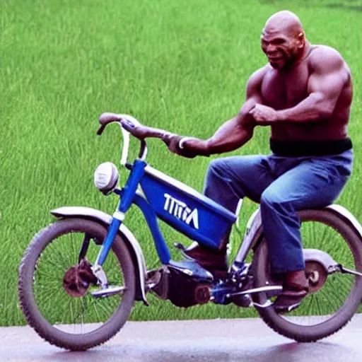 Image similar to mike tyson riding very very small bike