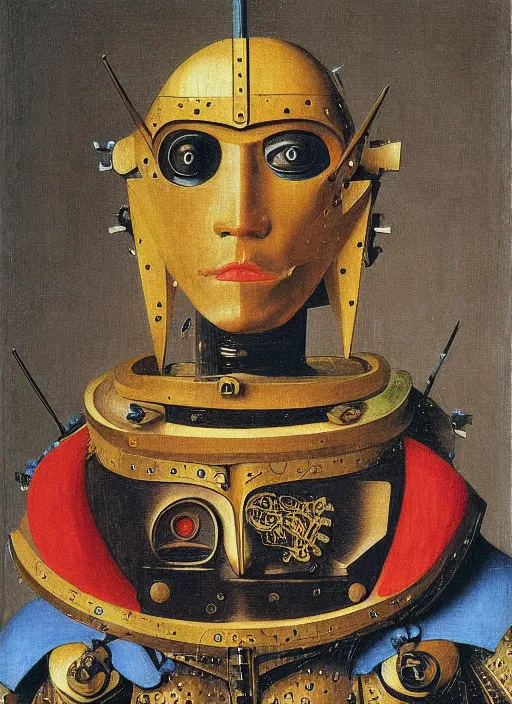 Prompt: a portrait of a warrior robot by Jan van Eyck