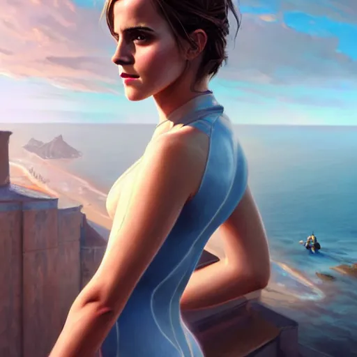 Prompt: highly detailed painting of emma watson wearing a skintight dress, gta 5 cover art, stephen bliss, 8 k, by greg rutkowski, artgerm, loish, rhads, global illumination, radiant light, detailed and intricate environment