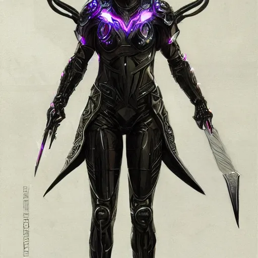 Prompt: the omnipotent assassin, vivid award winning digital artwork, intricate black sharp iridescent hooded semi - cybernetic armour, beautiful iridescent technology and weapon, detailed realistic colors, character art by greg rutkowski and artgerm