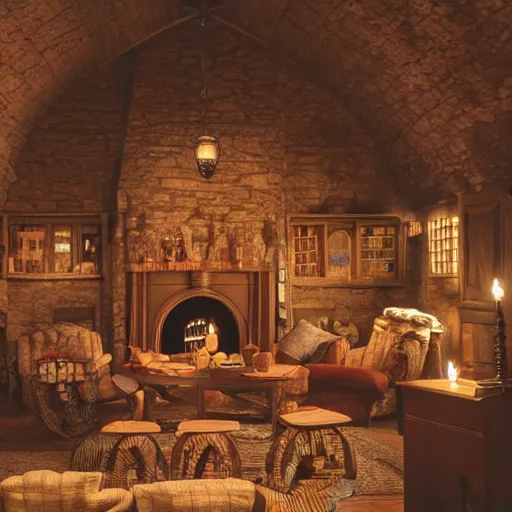 Image similar to A photograph of the Gryffindor common room, cozy arm chairs, a fire burning in the hearth, high ceilings, lit by many candles, light rays, magic aura, bloom, mysterious