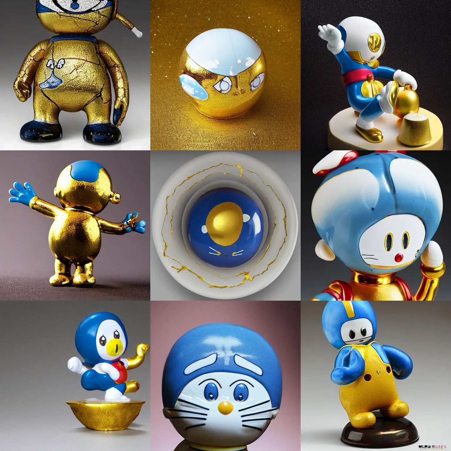 Prompt: hyper realistic 8k studio photo of a porcelain!!!!!!!!! Doraemon figure, with golden cracks!!!!!!, kintsugi!!!!!!!, decorative,