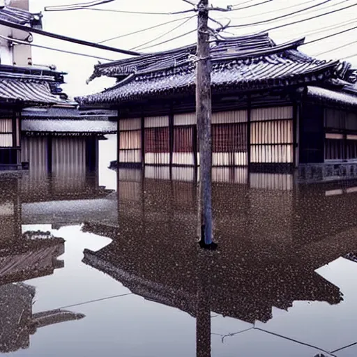 Image similar to still photo of rain puddles and reflections in a japanese village, cloudy weather, highly detailed, photorealistic shot, bright studio setting, studio lighting, crisp quality and light reflections, unreal engine 5 quality render