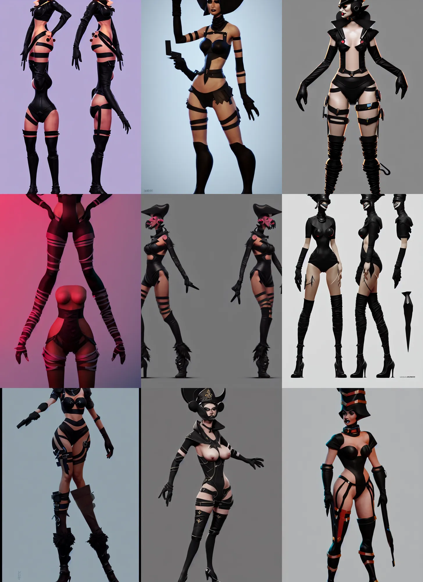 Prompt: game character design by morello, simon dubuc, chase stone and illustrator of riot games. just one lonely black tape project show attctive showgirl!! full body!! future head set. contour light effect!! 8 k. stage light. octane render. sharp edge. ultra clear detailed