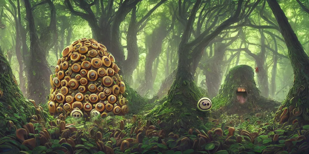 Image similar to of an intricate forest with strange cute friendly happy creatures with huge eyes, mouth, long tongue, round teeth and goofy face, appearing from the background, in the style of gehry and gaudi, macro lens, shallow depth of field, ultra detailed, digital painting, trending artstation, concept art, illustration, cinematic lighting, photorealism, epic, octane render