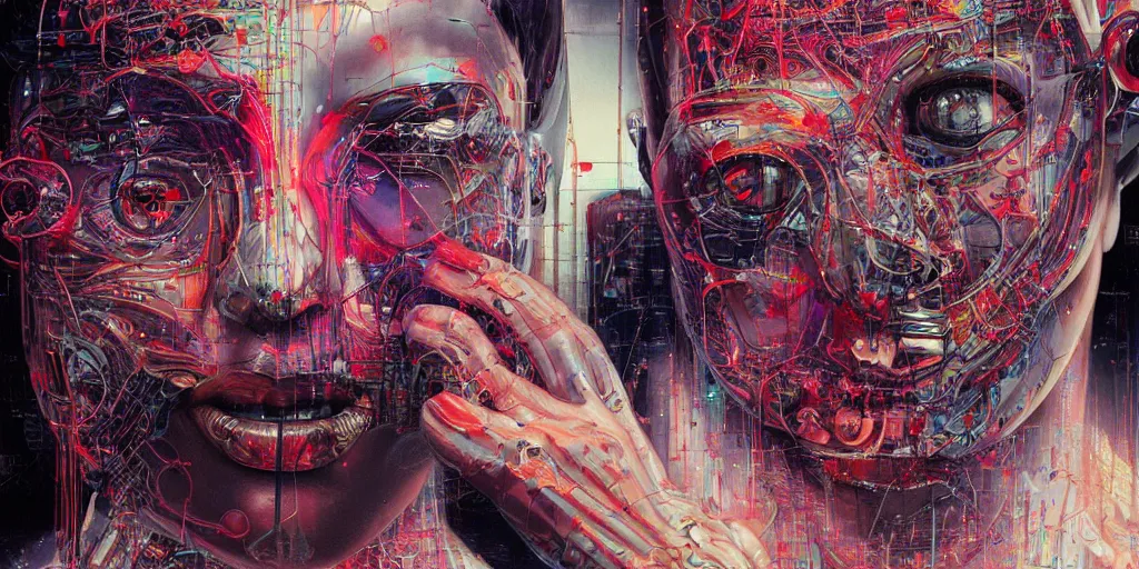 Image similar to portrait of computer & circuits, melting, 8 k, by tristan eaton, stanley artgermm, tom bagshaw, greg rutkowski, carne griffiths, ayami kojima, beksinski, giger, trending on deviantart, face enhance, hyper detailed, minimalist, cybernetic, android, blade runner, full of colour, super detailed