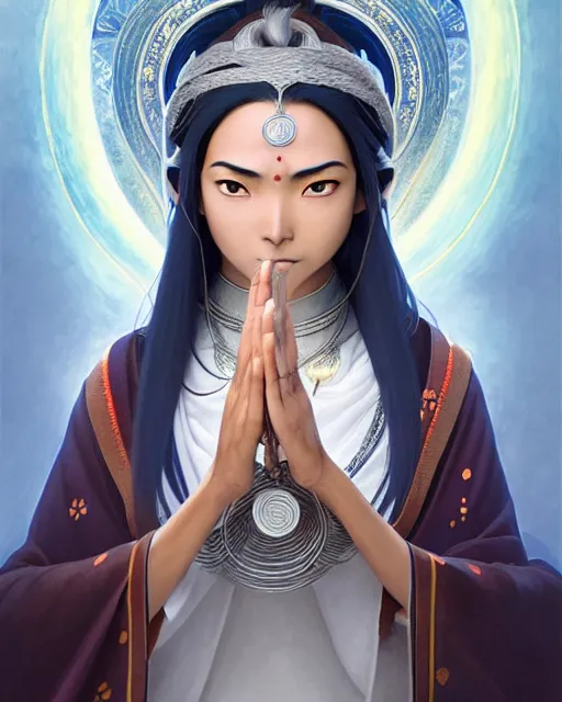 Prompt: himalayan woman, mage, with silver hair, detailed perfect face, exquisite details, fire magic, mid view, design on a white background, by studio muti, greg rutkowski makoto shinkai takashi takeuchi studio ghibli