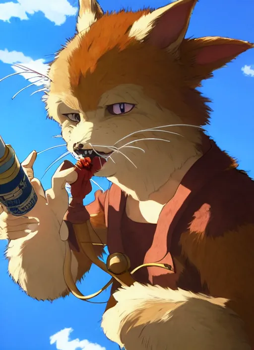 Image similar to studio ghibli pathfinder 2 e illustration of furry goblin smoking a cigar, character portrait, unreal engine, hyper realism, realistic shading, cinematic composition, realistic render, octane render, detailed textures, photorealistic, wide shot