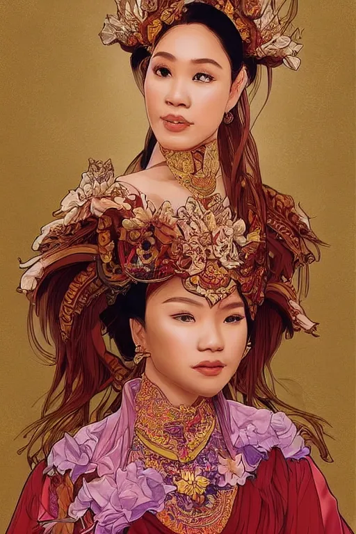 Image similar to portrait of an indonesian celebrity wearing tradistional dress, highly detailed, digital painting, artstation, concept art, sharp focus, illustration, art by kittichai rueangchaichan and james gurney and alphonse mucha