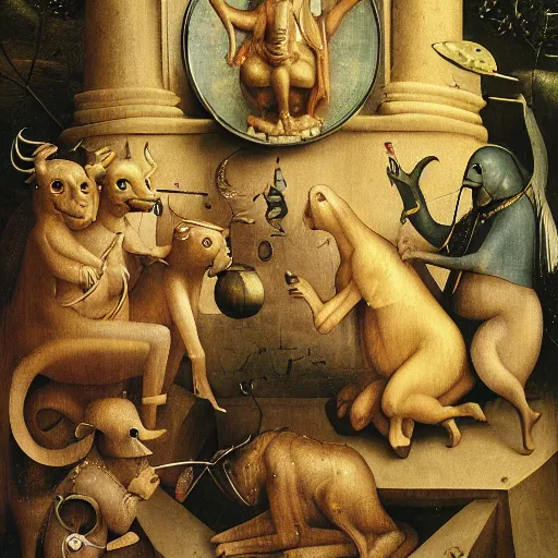 Image similar to anthropomorphic animals worshipping a monument to money, golden idol, by hieronymus bosch, ultra detailed, highly detailed, 8 k, trending on artstation, award - winning art,