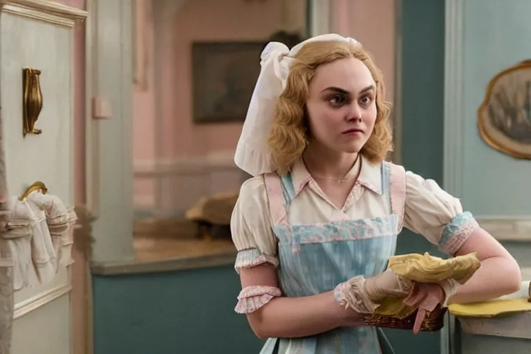 Prompt: mid-shot of AnnaSophia Robb as a maid in the new movie directed by Wes Anderson, symmetrical shot, idiosyncratic, relentlessly detailed, pastel, limited colour palette, detailed face, movie still frame, promotional image, imax 70 mm footage