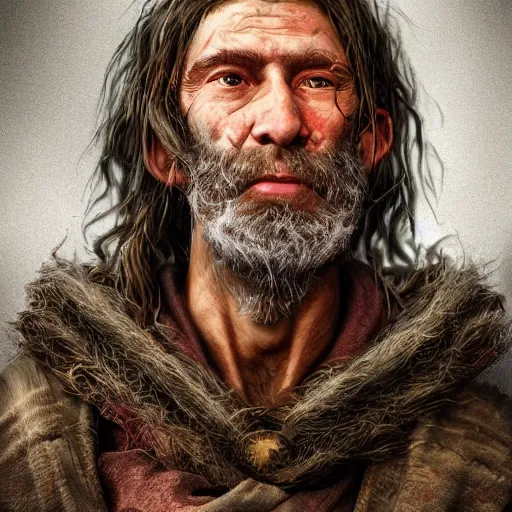 Image similar to realistic portrait of a human hobo druid, fantasy book, high detail, 8 k, octane render painting, dark fantasy