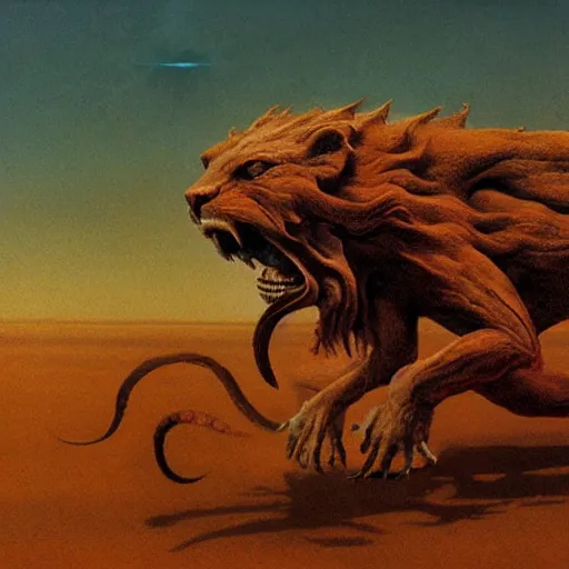 Image similar to manticore prowling in the dessert, concept, lion head and body, scorpion tail, beksinski