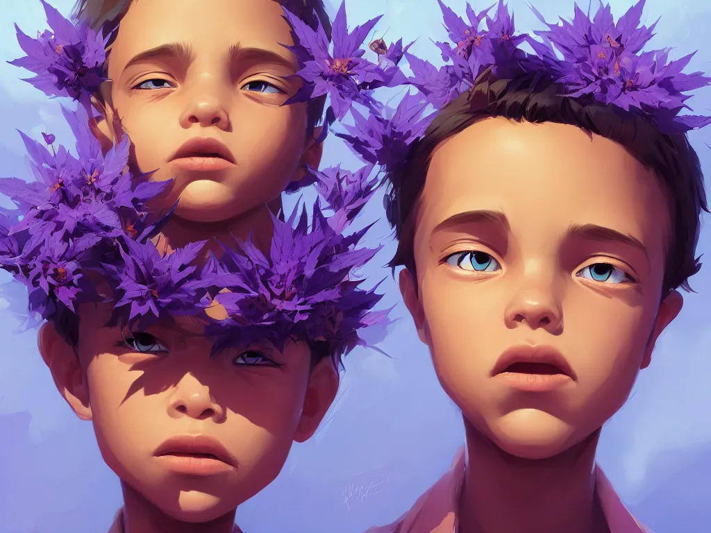 Prompt: kid with symmetrical beauty face, purple flowers of marijuana hemp cannabis, behance hd, by jesper ejsing, by rhads, makoto shinkai, lois van baarle, ilya kuvshinov, rossdraws global illumination, golden ratio