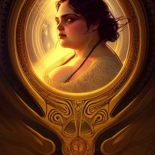 Image similar to fat overweight johnny depp, sci fi, glowing eyes, volumetric lights, gold theme, art nouveau botanicals, intricate, highly detailed, digital painting, artstation, concept art, smooth, sharp focus, cinematic, illustration, beautiful face, art by artgerm and greg rutkowski and alphonse mucha