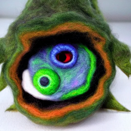 Image similar to a needle felted eye of Cthulhu from terraria, needle felting art.