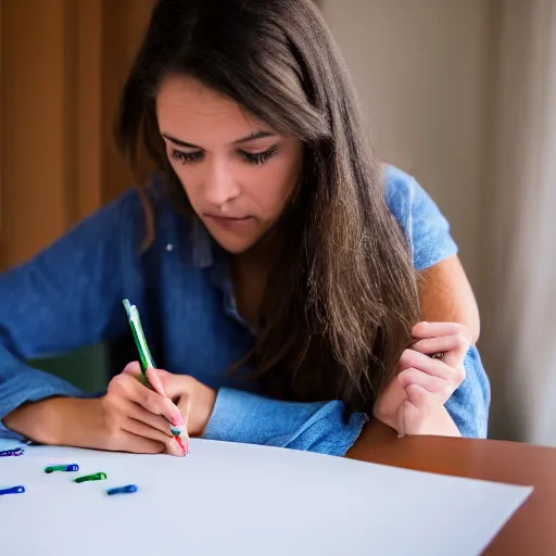 Image similar to a photo of a female trying to draw herself a new arm, 5 0 mm lens, f 1. 4, sharp focus, ethereal, emotionally evoking, head in focus, volumetric lighting, 8 k