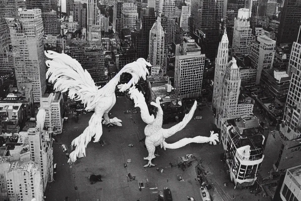 Image similar to still image taken from sci fi horror movie of a giant rooster fights an alien monster in the city. aerial shot, 1 9 8 0 s polaroid photo - journalism flash photography. 1 9 7 0.
