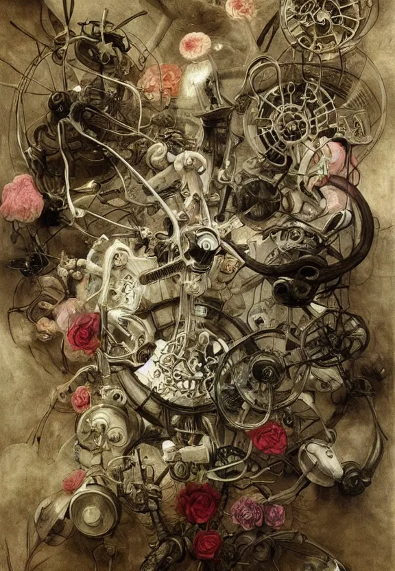 Image similar to pastel floral medical equipment, whirling, minimalist environment, by ryan stegman and hr giger and esao andrews and maria sibylla merian eugene delacroix, gustave dore, thomas moran, the thing, pop art